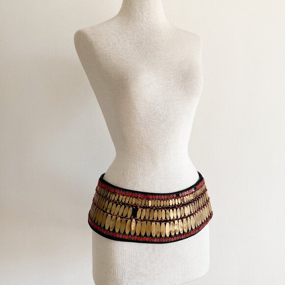 Vintage Oscar De La Renta Couture Beaded Embroidered Leather Wide Belt Gold main image 10